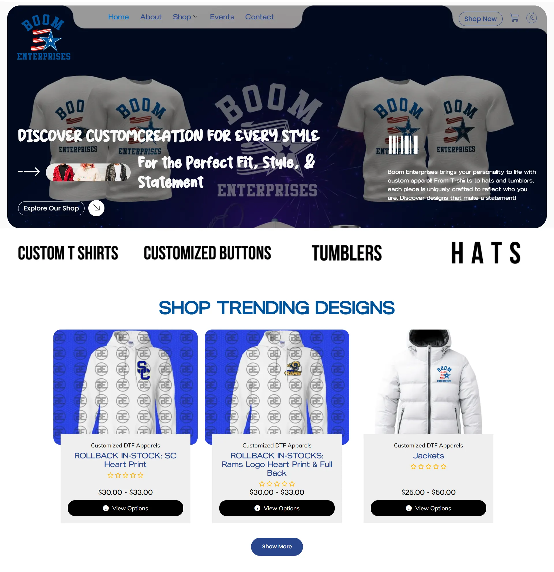 H Boom Enterprises Custom Apparel & Merchandise WordPress Website WooCommerce Product Catalog Custom Apparel Store Contact Flow by MetaMalistic
