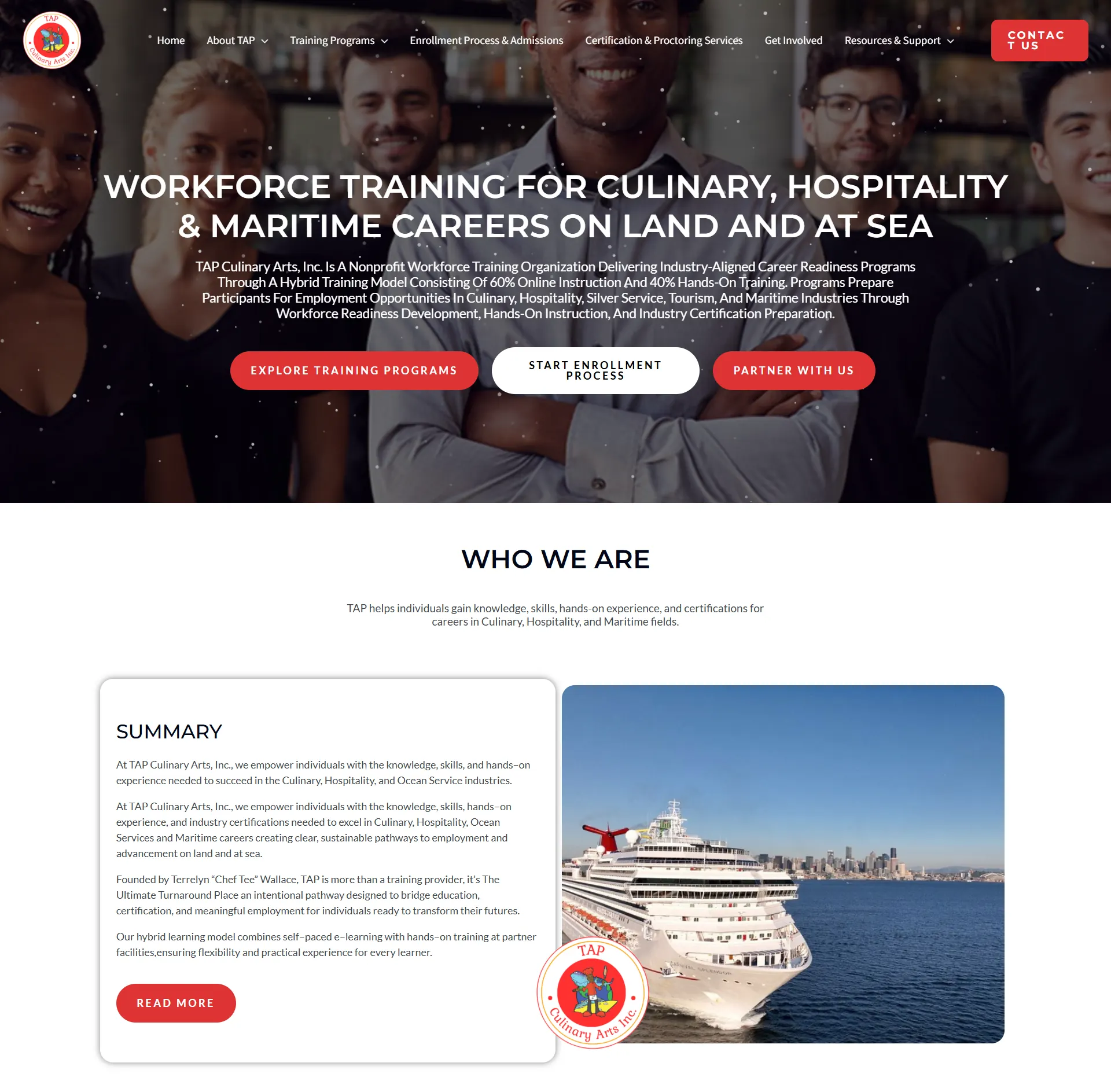 TAP Culinary Arts Education & Training Website Design Training Program Pages Donation CTA Registration Flow Educational Content Structure by MetaMalistic